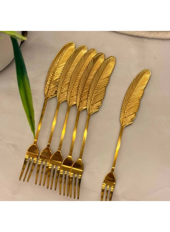 طقم شوك حلويات أنيق من الفولاذ المقاوم للصدأ بتصميم ريشة ذهبية، 6 قطع، شوك تقديم فاخرة للكيك والفواكه والحلويات، أدوات مائدة راقية للضيافة والإهداء. - Image 4